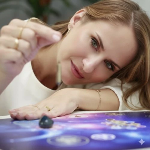 Cíntia Camerin utilizando um pêndulo sobre a mesa