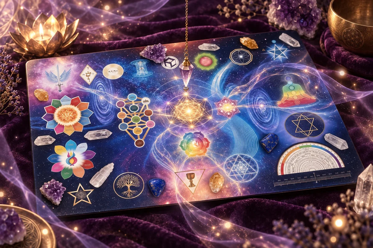 Composição artística da Mesa Quântica Celestial com pêndulo, cristais e luz violeta